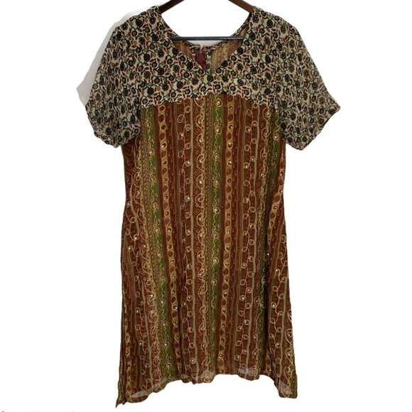 VINTAGE💐V-NECK Beige  Gauze Dress/Swimsuit Coverup L - Picture 5 of 9